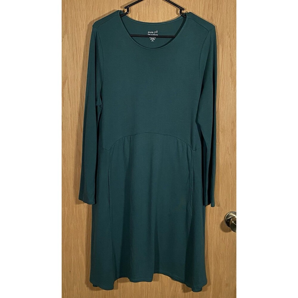 Pure Jill Dipped Hem Swing Dress Women's MP Minimalist Elevated Basics Emerald